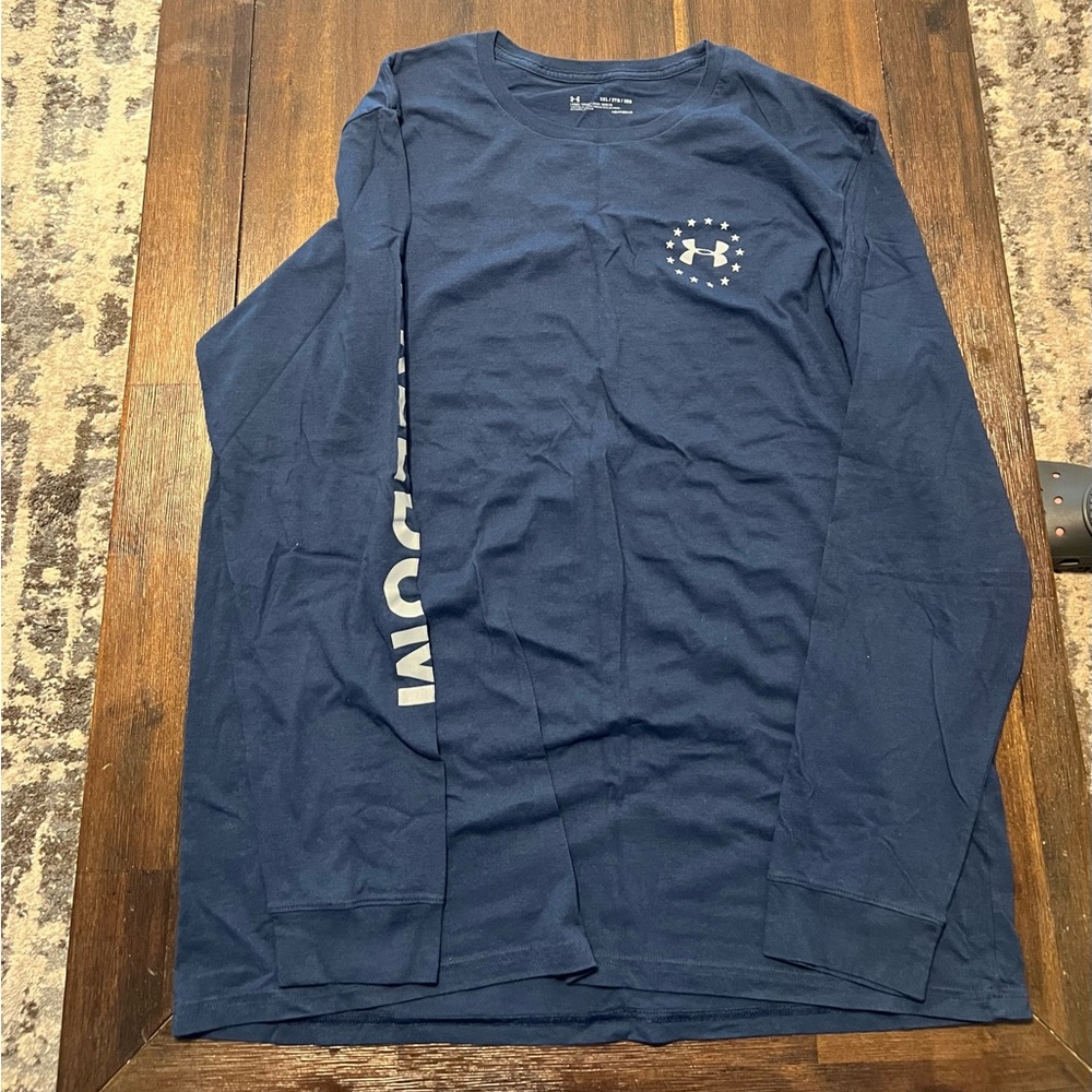 Under Armour Blue Long Sleeve Tee with Vertical ARM Text